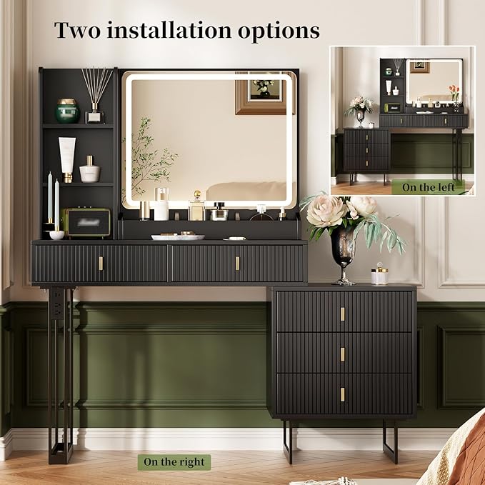 Large Vanity Desk with 3 Color Touch Screen Dimming Mirror, Vanity Desk with Charging Station, Modern Retractable Makeup Dressing Table, Makeup Table With storage shelves and 5 Sliding Drawers, Black