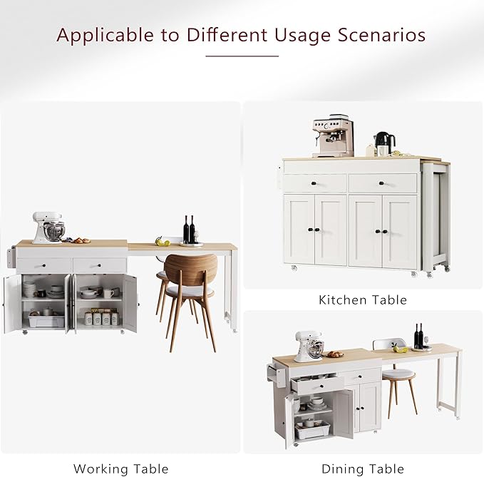 74.5" Rolling Kitchen Island on Wheels with Extendable Dining Table, Storage Cart with 2 Drawers, 4 Door Cabinet, Spice Rack for Kitchen, Dining Room, White