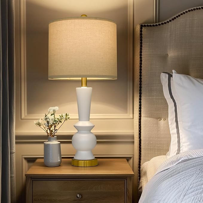 PORTRES 27" Modern Ceramic Table Lamp Set of 2 for Living Room White & Gold Bedside Lamps for Bedroom Nightstand Lamp Tall End Table Lamps