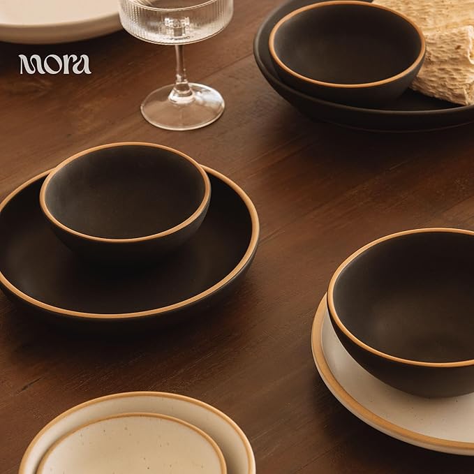 MORA Medium Dishes Set of 4, 30oz Ceramic Pottery Pasta Plate/Wide Bowls - Microwave, Oven and Dishwasher Safe - Liquorice