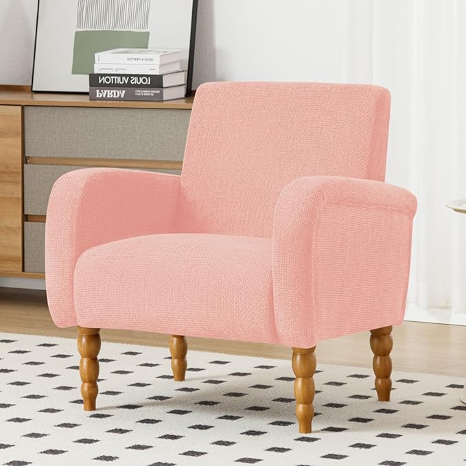 Accent Armchair Set of 2, Mid-Century Modern Living Room Chairs with Gourd-Like Shape Wooden Legs, Chenille Upholstered Single Sofa Reading Chair for Living Room Bedroom Guest Room,Pink