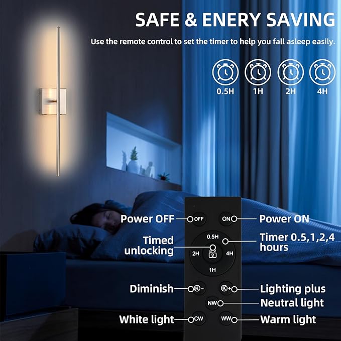 Battery Operated Wall Sconces Set of 2, Brushed Nickel Rechargeable LED Wall Sconce with Remote Control, 3000K-6000K Dimmable Wireless Wall Light for Living room Hallway Bedroom Stairs, 23.6 Inch