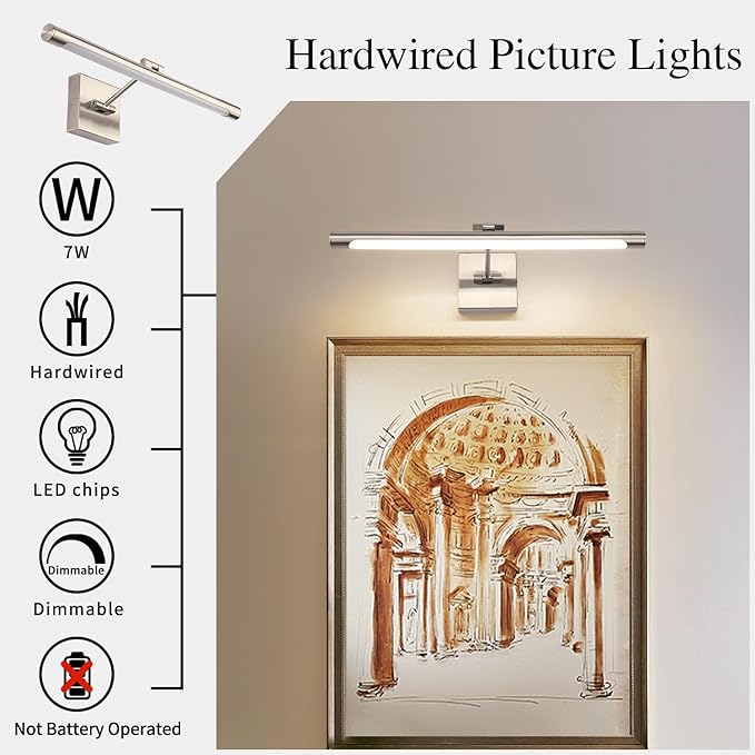 Joosenhouse LED Picture Lights Hardwired Dimmable 16.53" Inch Artwork Display Lamp with Swing Arm 7W(45W Eqv.), Hardwired Connection, 3000K Warm White, Brushed Nickel