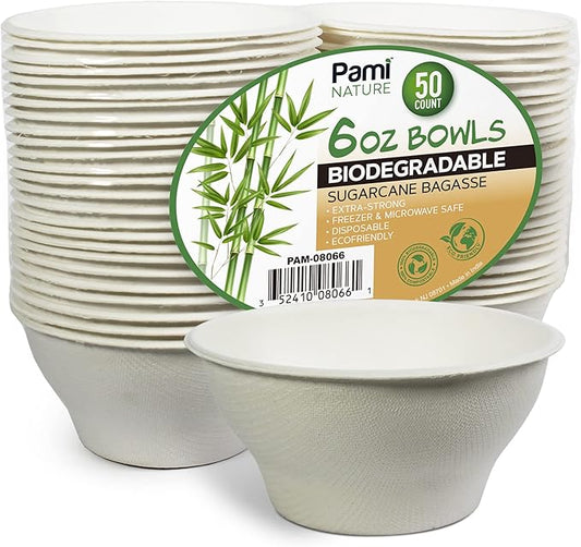 PAMI Biodegradable Sugarcane Bowls, Pack of 50 - 6oz Compostable Microwavable Paper Bowls for Hot & Cold Uses