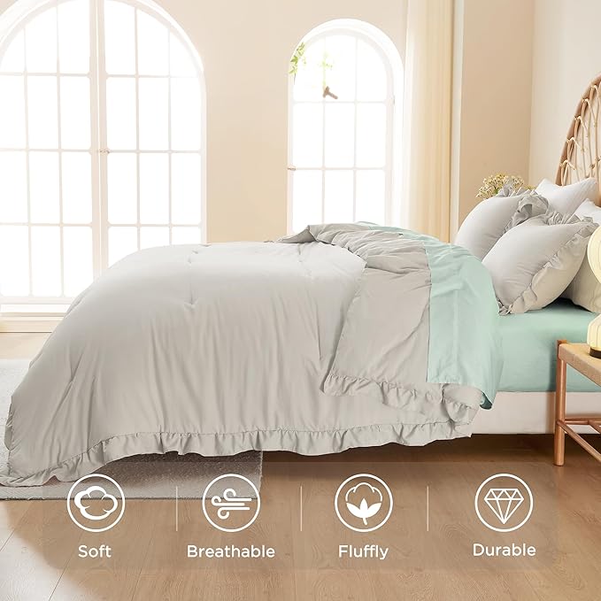 Litanika Linen Grey Queen Comforter Set, 3 Pieces Ruffle Farmhouse Aesthetic Bedding Comforter Set, All Season Soft Lightweight Fluffy Microfiber Bed Set(90x90In Comforter, 2 Pillowcases)