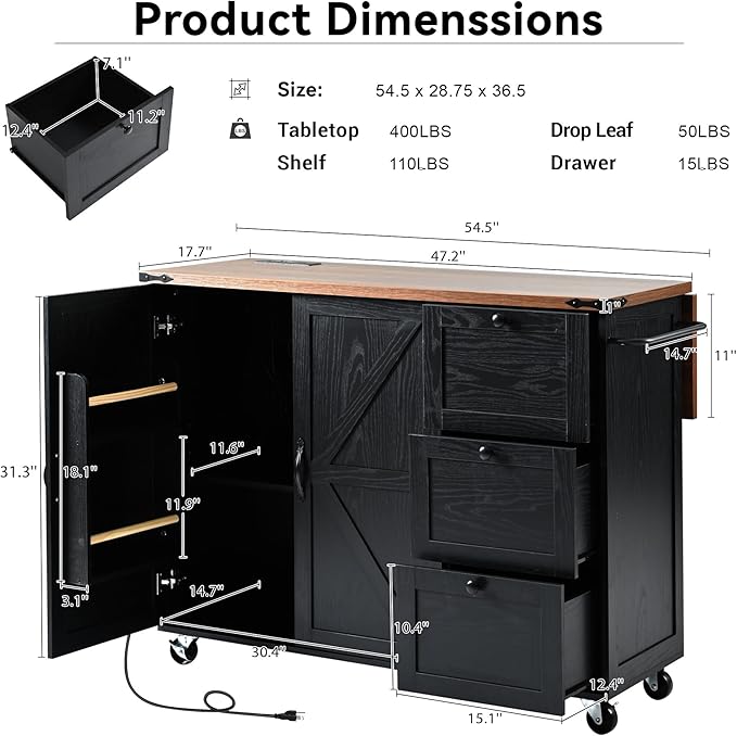 Farmhouse Kitchen Island Breakfast Bar with Drop Leaf, Power Outlet, Rolling Island Cart on Wheels Unfold Table with 3 Drawer, Srotage Cabinet, Spice Rack, Towel Rack(Black)