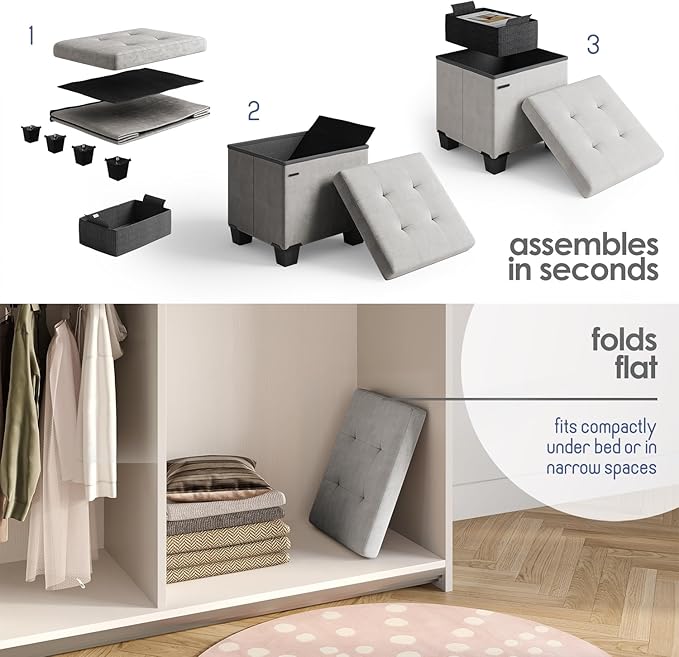 STORAGEBUD Storage Ottoman Cube with Small Bin, 15-in Square Ottoman with Storage for Living Room and Bedroom, Small Ottomans Foot Rest, Velvet Foot Stools Ottomans Max 330lbs, Light Grey