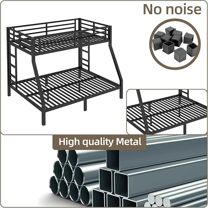 Twin Over Full Bunk Bed Frame, Heavy Duty Metal Loft Bed for Adults/Teens, 250/350LB Capacity w/Ladder & Guardrail, Noise-Free Steel Slats, No Box Spring Required, Black