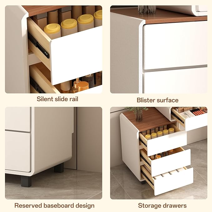 Vanity Desk with Mirror and LED Lights| Small Makeup Table with 5 Drawers and Adjustable Storage Cabinet| Modern Space-Saving Dressing Table for Bedroom(Walnut Top with White Base)