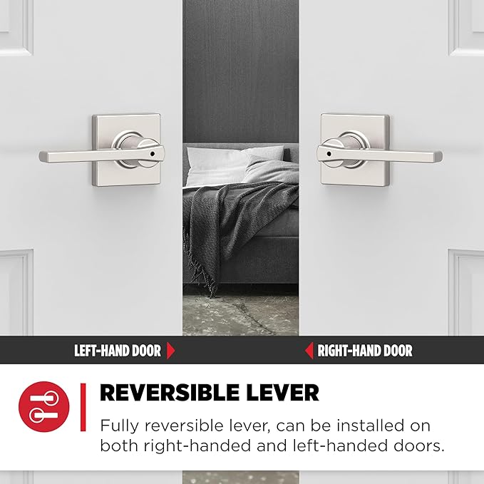Kwikset Casey Interior Privacy Door Handle with Lock, Door Lever for Bathroom and Bedroom, Satin Nickel Reversible Keyless Turn Lock, with Microban Protection (Pack of 10)