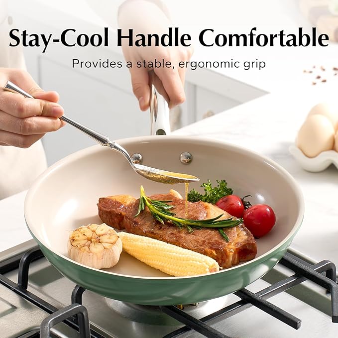 Redchef Nonstick Frying Pan Skillet, Ceramic Non-Stick Saute Pans, 11 inch Cooking Fry Pan with Stay Cool Handle, All Stovetops (Gas, Electric & Induction), Dishwasher/Oven Safe, PFAS-Free (Green)