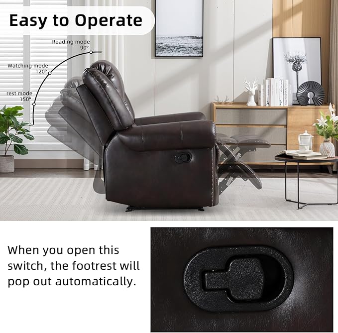 INZOY Leather Recliner Chair, Heavy Duty Manual Reclining Sofa Single Lounge Sofa for Living Room, Home Theater Seating, Dark Brown