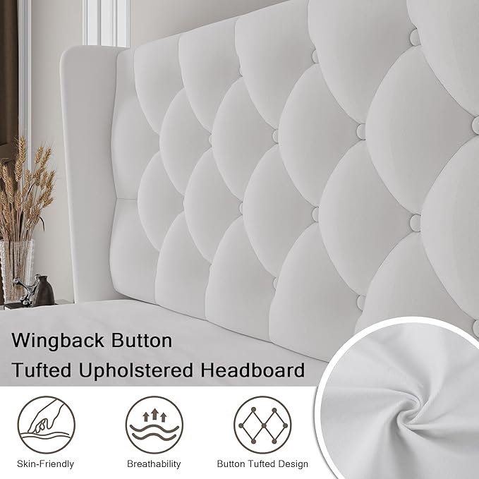 Full Size Upholstered Bed Frame with Wingback Headboard, Fabric Linen Platform Bed, 8" Under Bed Storage, Wooden and Metal Slats Support, No Box Spring Needed, Noise Free, White