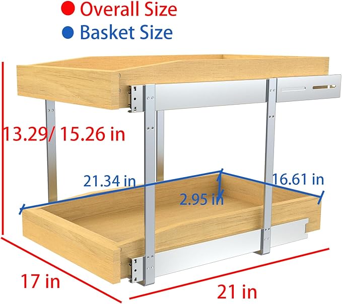 2 Tier Pull Out Cabinet Organizer, 17"W x 21"D Solid Wood Heavy-Duty Base Bottom Assembly Slide out Drawer Shel Cabinet Organization for Kitchen, Pantry, Bathroom
