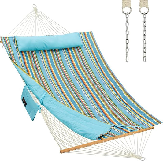 Outdoor Double Hammock with Hardwood Spreader Bars, Large Rope Hammock with Polyester Pad and Pillow, 475 LBS Capacity for 2 Person Patio Backyard Poolside - Bule Stripe