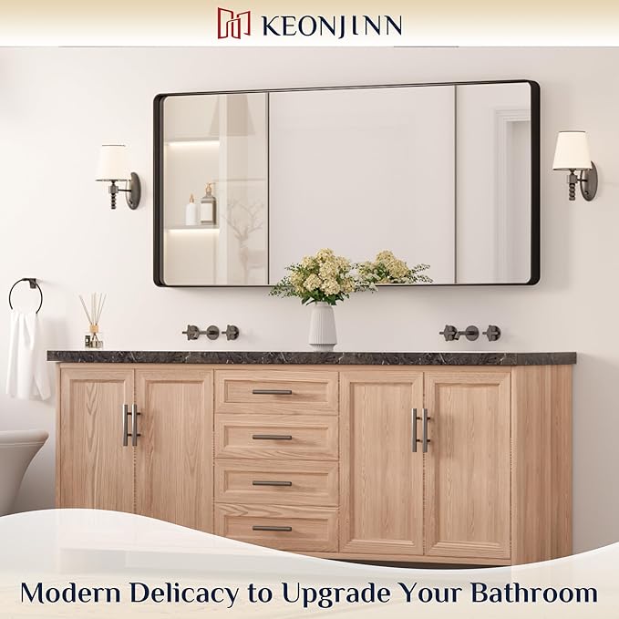 Keonjinn Black Bathroom Mirror for Over Sink, 60” x 28” Large Rounded Rectangle Bathroom Vanity Mirror, Matte Black Modern Decorative Framed Mirror, Anti-Rust, HD Tempered Glass(Horizontal/Vertical)