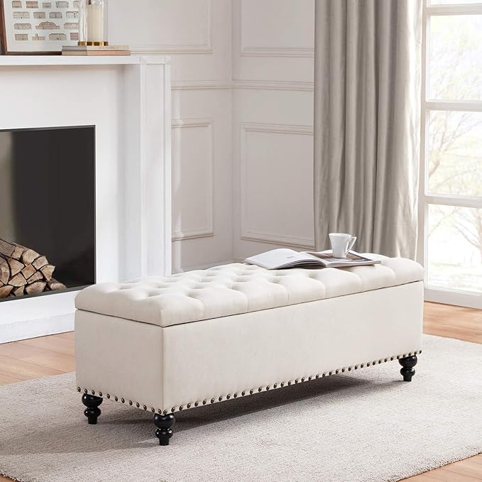 HUIMO Button-Tufted Ottoman with Storage in Upholstered Fabrics, Large Storage Bench for Bedroom, Living Room, Entryway, Ottoman Bench with Safety Hinge Hold Up to 300lbs (Ivory-Rivets)