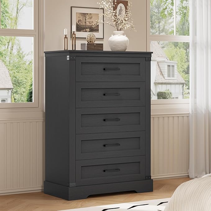 Hasuit Tall Black Dresser for Bedroom with 5 Drawers, Wooden Farmhouse Dresser Chest of Drawer with Thick Styling, Large Capacity Storage Cabinet with Wide Drawer, Dressers for Living Room Hallway