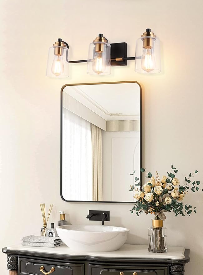 SOLFART Bathroom Light Fixtures 3-Light Vintage Bathroom Vanity Light Over Mirror Wall Sconces in Black Brass Vanity Lights for Bath(Brass)
