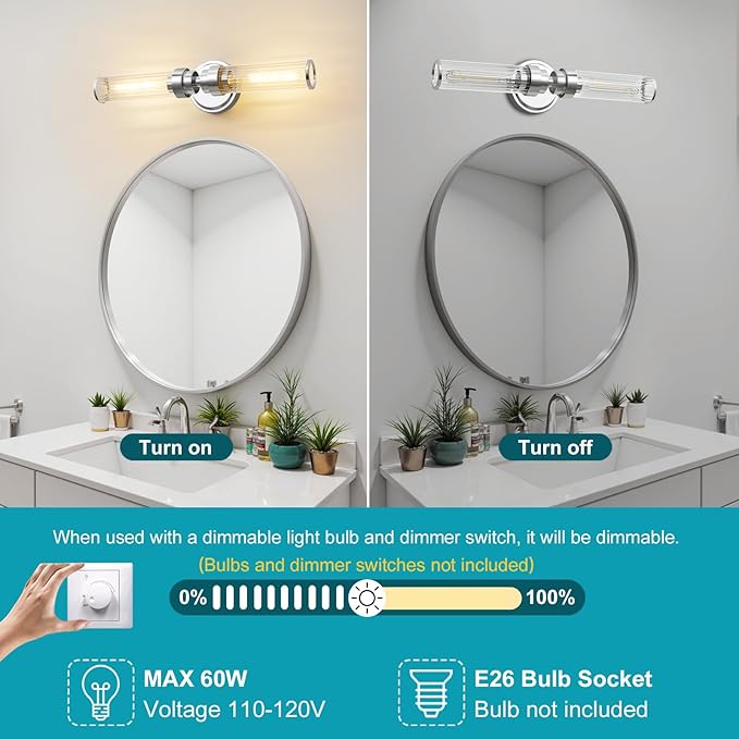 Bathroom Light Fixtures, Chrome Wall Sconce in Threaded Glass Indoor Vanity Lights, Modern Bathroom Vanity Light Up and Down Sconces Wall Lighting for Bathroom, Living Room - Bulb Not Included