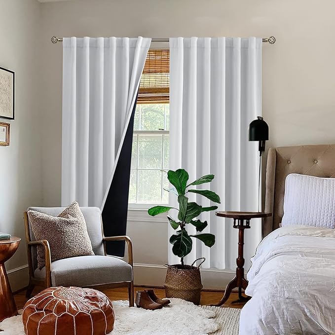 BGment Greyish White 100% Blackout Curtains 72 Inches Long with Black Liner, Rod Pocket and Back Tab Double Layer Room Darkening Thermal Window Curtains for Bedroom, 2 Panels, Each 52 x 72 Inch