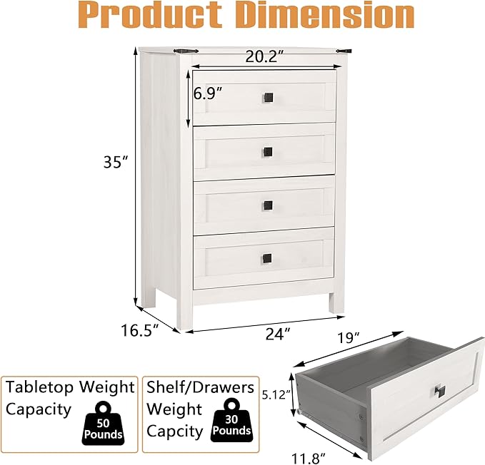 Farmhouse 4 Drawer Dresser for Bedroom, 24" Wide Wood Dresser with Metal Handle for Bed Room, Hallway, Light Beige Rustic Oak