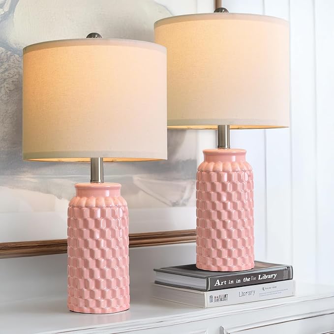 20.5" Pink Table Lamps Set of 2,Modern Farmhouse Bedside Lamps - Ceramic Nightstand Lamps for Bedroom,Boho Living Room End Tables,Small Office Desk Lamp