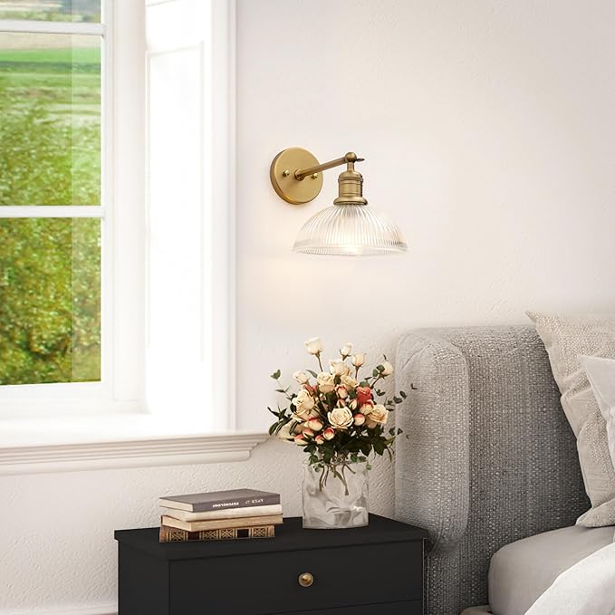 Yosoan Antique Brass Indoor Wall Sconce, 1-Light Modern Vanity Light Vintage Industrial Single Lamp Hardwired Clear Striped Bowl Glass Shade for Living Room Kitchen Bedroom Home Decor(Antique)