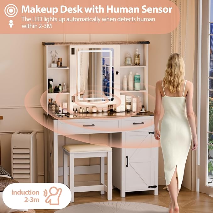 Farmhouse Makeup Vanity, Vanity Desk with 3 in 1 Charging Station and Human Body Sensing LED Lights, Vanity Table with Glass Tabletop & Hidden Jewelry Cabinet, Stool Included, Vintage White