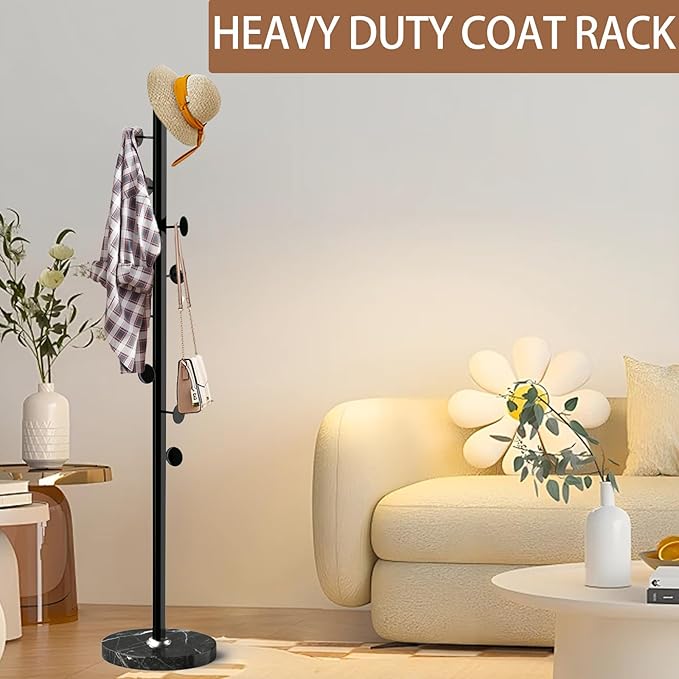 Modern Metal Coat Rack Stand with Natural Marble Base, Heavy Duty Coat Rack Freestanding with 8 Hooks, BlackStanding Coat Racks Hall Tree Stand for Bag, Jacket, Entryway Office