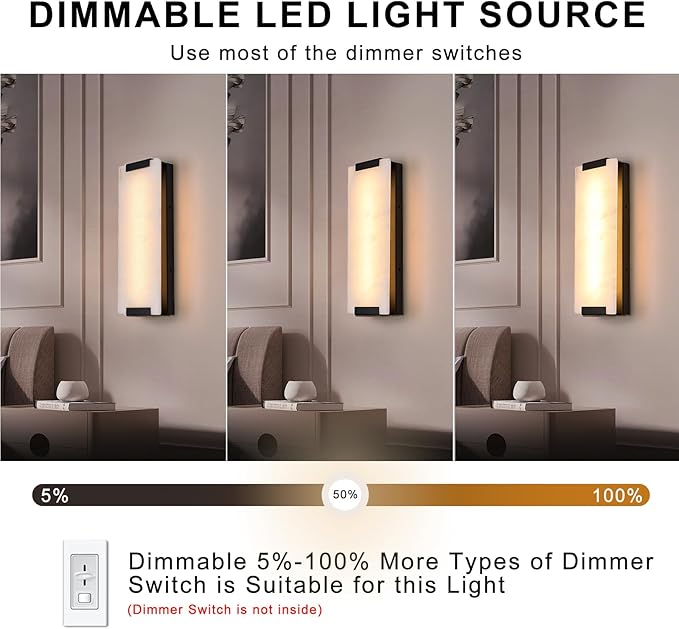 14.2in Alabaster Wall Sconce Hardwired, Large Vertical Natural Marble Wall Light Decor, LED Modern Alabaster Wall Lamp for Bedroom, Stairs, Living Room, Vanity, Bedside, Hallway, Bathroom（Black 12W）