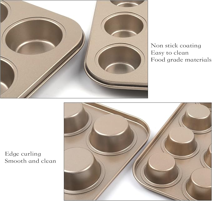 Nsmykhg Nonstick Muffin Pan,4 Packs Nonstick Muffin Pan, Mini Cupcake Pans Set, 12 Cup and 24 Cup Gold Carbon Steel Bakeware Muffin Tin Champagne Mini Muffin Tray Oven Safe Cupcake Mold