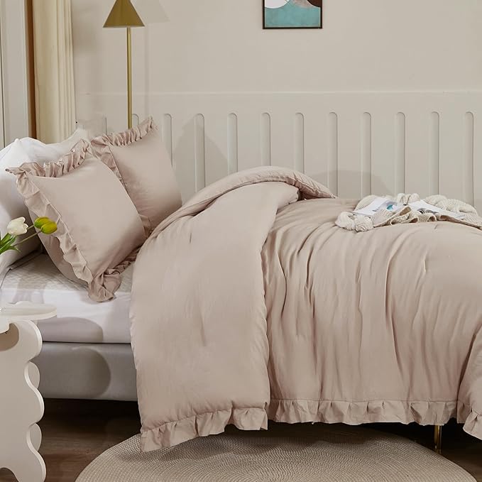 Litanika Full Comforter Set Beige, 3 Pieces Khaki Ruffle Farmhouse Aesthetic Bedding Comforter Set, Lightweight Fluffy Microfiber Bed Set (79x90In Comforter, 2 Pillowcases)
