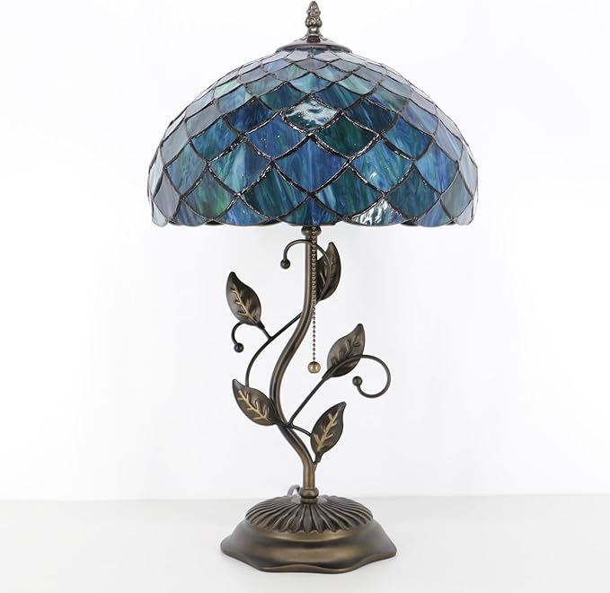 Tiffany Table Lamp, Stained Glass Desk Light, W12H19 Inch, Metal Leaf Base (Fishscale Style)