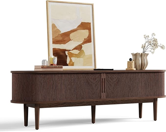 LINSY HOME Fluted TV Stand for 75" TV, Mid-Century Modern 70" Entertainment Center with Sliding Tambour Door and Storage Cabinet, Cruved TV Media Console Table for Living Room, Bedroom, Walnut