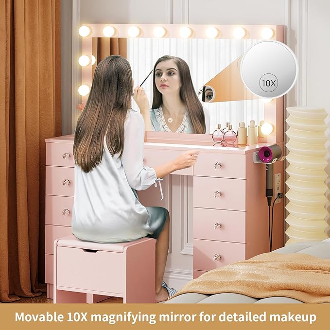 VOWNER Vanity with Lighted Mirror - Makeup Vanity Desk with Glass Top and 11 Drawers, 3 Color Lighting Modes Adjustable Brightness, 46" Vanity Table with Soft Cushioned Stool for Bedroom, Pink
