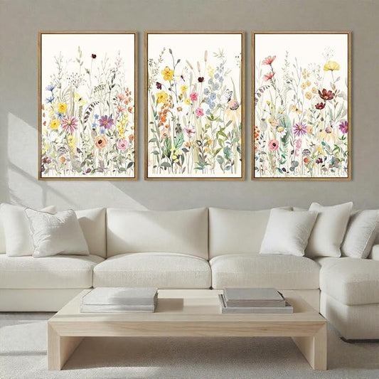 BINCUE Large Framed Floral Canvas Wall Art Colorful Wildflower Pictures Wall Decor for Living Room Bedroom Home Decor 3 Panel 16x24 Inches