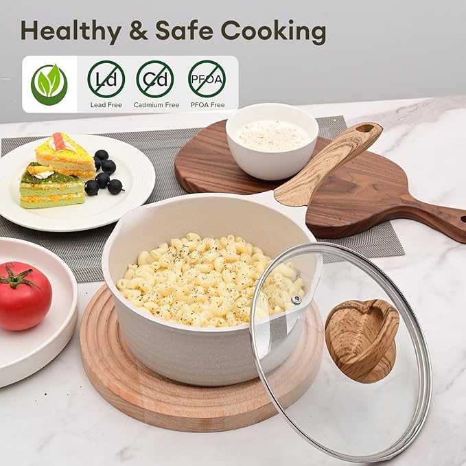 JEETEE 1.5 Quart Saucepan with Lid Nonstick Stone Coating Sauce Pan Milk Pan for Cooking Inudction Pot(Beige)