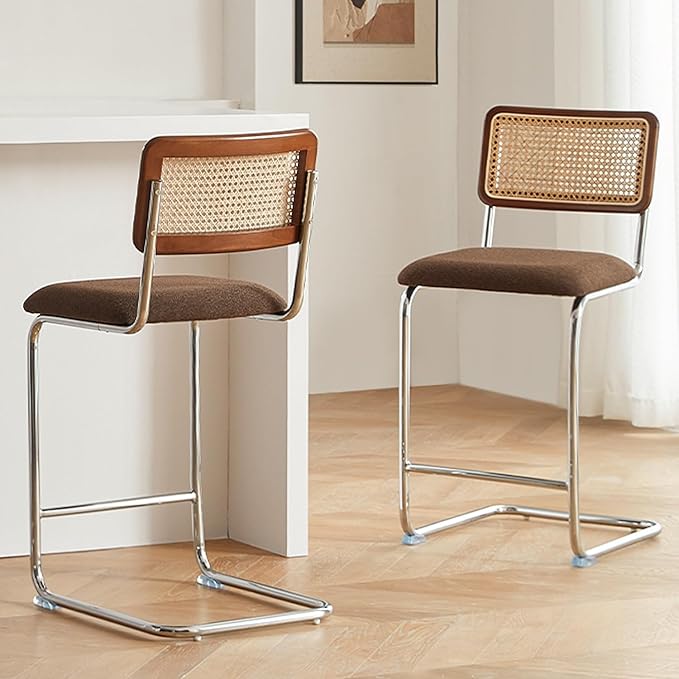 Natural Rattan Counter Height Stools Set of 2 with Solid Wood Back, 29 Inch Mid Century Modern Cesca Bar Stools, Brown Upholstery Boho Stool for Kitchen Counter with Chrome Metal Legs