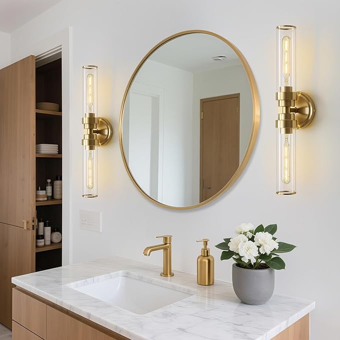 Bathroom Light Fixtures, Gold Wall Sconce in Clear Glass Vanity Lights, Modern Bathroom Vanity Light Up and Down Sconces Wall Lighting for Living Room, Hallway, Bedroom - Bulb Not Included