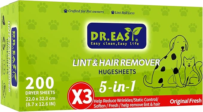 Dr.Easy LINT & HAIR REMOVER Pet HUGESHEETS with 3X Dryer Sheets, Original Fresh, 200 Count,PLANT&MINERAL-BASED FORMULA