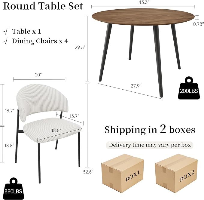43.3 Inch Round Dining Table Set for 4, Modern Small Kitchen Coffee Set for Dining Room Kitchen Apartment (Walnut Table + 4 White Shell Chairs)