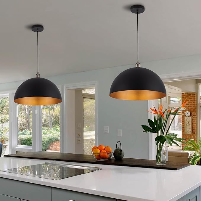 Vintage 2 pendant light,Industrial Pendant Light,17.72 inches large diameter, Line length 78.74" black and gold pendant light, widely used in the kitchen island, bedroom, dining room, hallway, garage