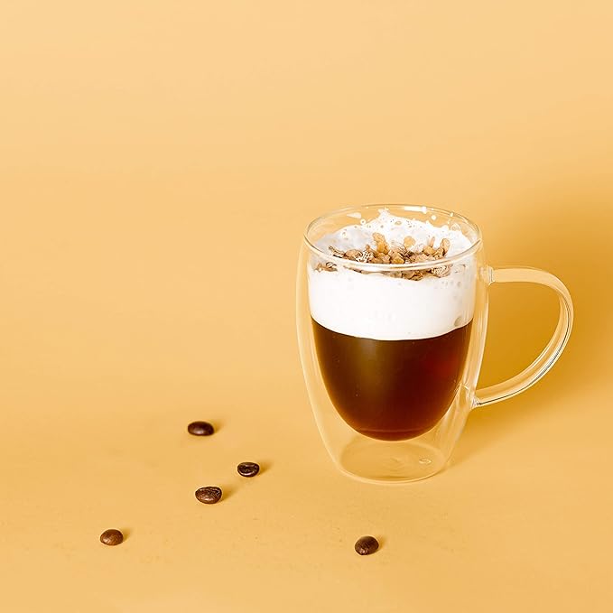 MEWAY 12oz/2 PACK Coffee Mugs,Clear Glass Double Wall Cup with handle for Coffee, Tea, Latte, Cappuccino (12 oz，2)