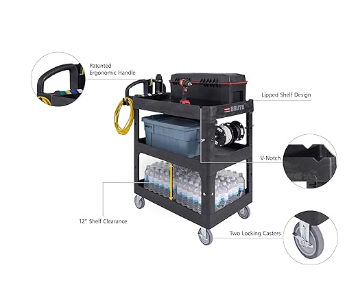 Rubbermaid Commercial Brute 3-Shelf Heavy-Duty Utility/Service Cart, Medium, High Storage, Lipped Shelves, Ergonomic Handle, 600 lb. Capacity, Ideal for Warehouse/Garage/Cleaning/Maintenance/Office