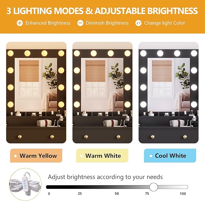 Makeup Vanity Desk with Mirror and Lights, 43" Black Vanity Set with Chair, 3 Drawers, Power Outlet & Adjustable RGB LED Lights, Dressing Table with Storage Shelf for Women & Girls Bedroom