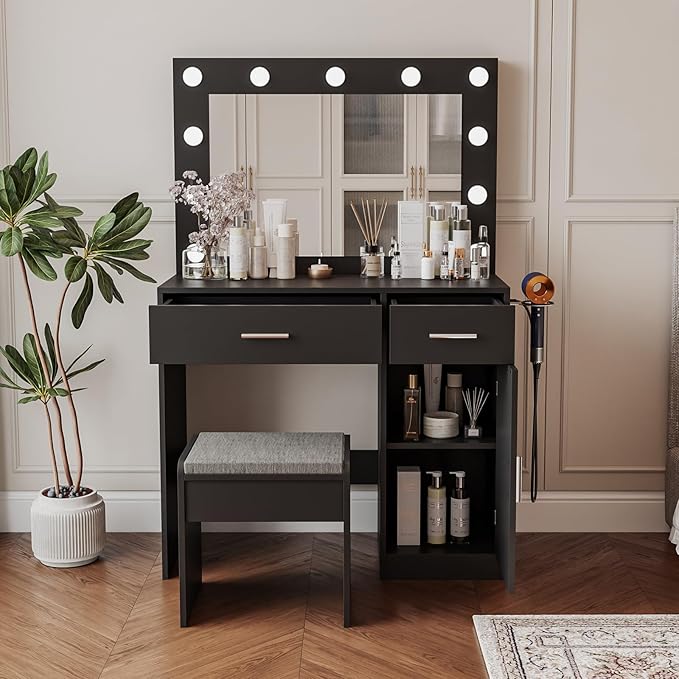 Vanity, Vanity Desk with Mirror, Large Drawer and Power Socket with 11 Light Bulbs and 3 Adjustable Lighting Modes, Vanity Table Ideal for Bedroom (Black)