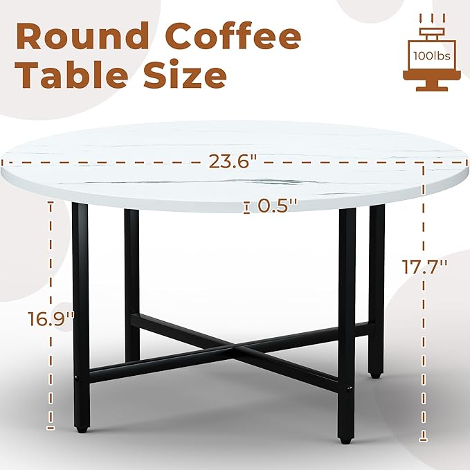 Coffee Table, 23.6" Coffee Tables for Living Room, Round Coffee Table with Metal Frame, Floor Table for Sitting on The Floor, Home, Office, White