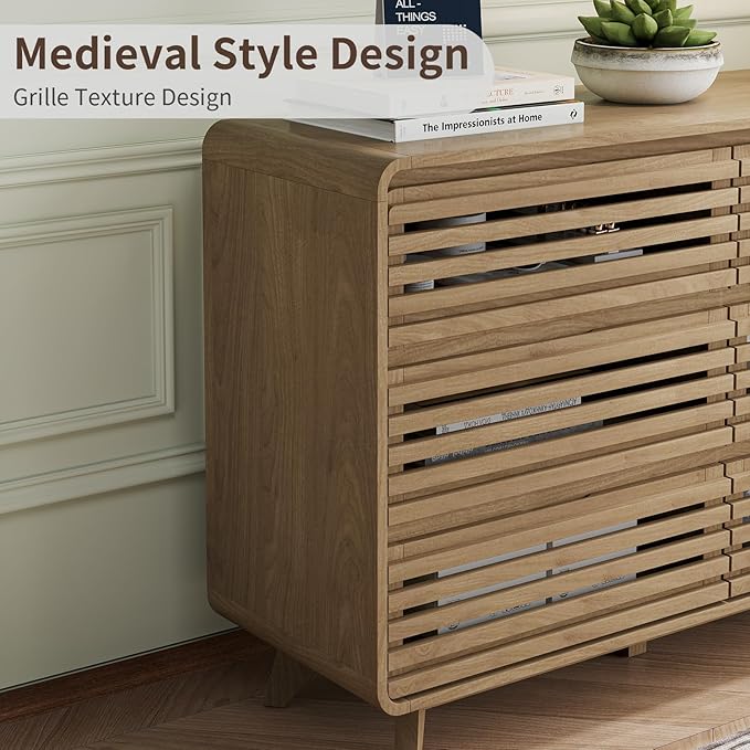 Fluted Dresser for Bedroom, Wide 6 Drawers Dresser, Chests of Drawers with Grille & Curved Design, Dressers Slides Pre-Installed, Large Wood Drawer Organizer for Bedroom Hallway, Natural Oak