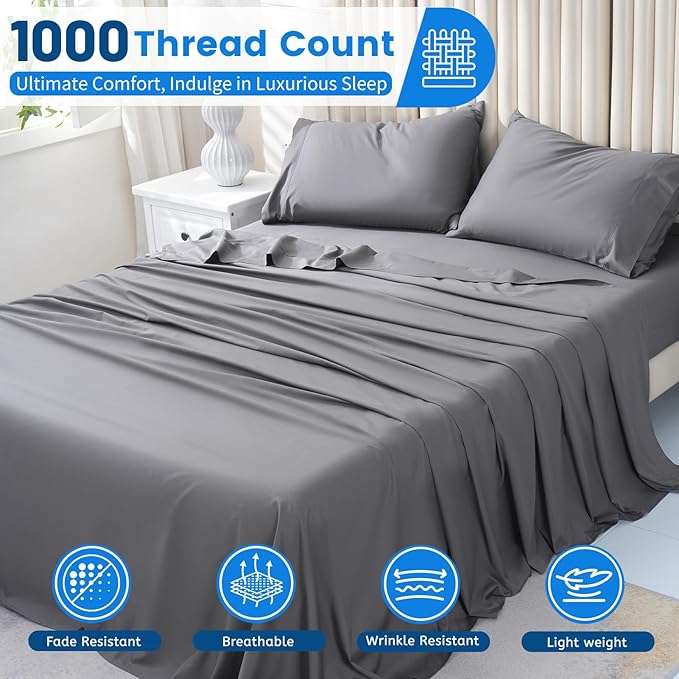 Bedlifes 1000 Thread Count 100% Egyptian Cotton California King Size Sheets Set - Sateen Soft Silky Breathable Luxury Cooling 4 Pieces (Dark Grey)